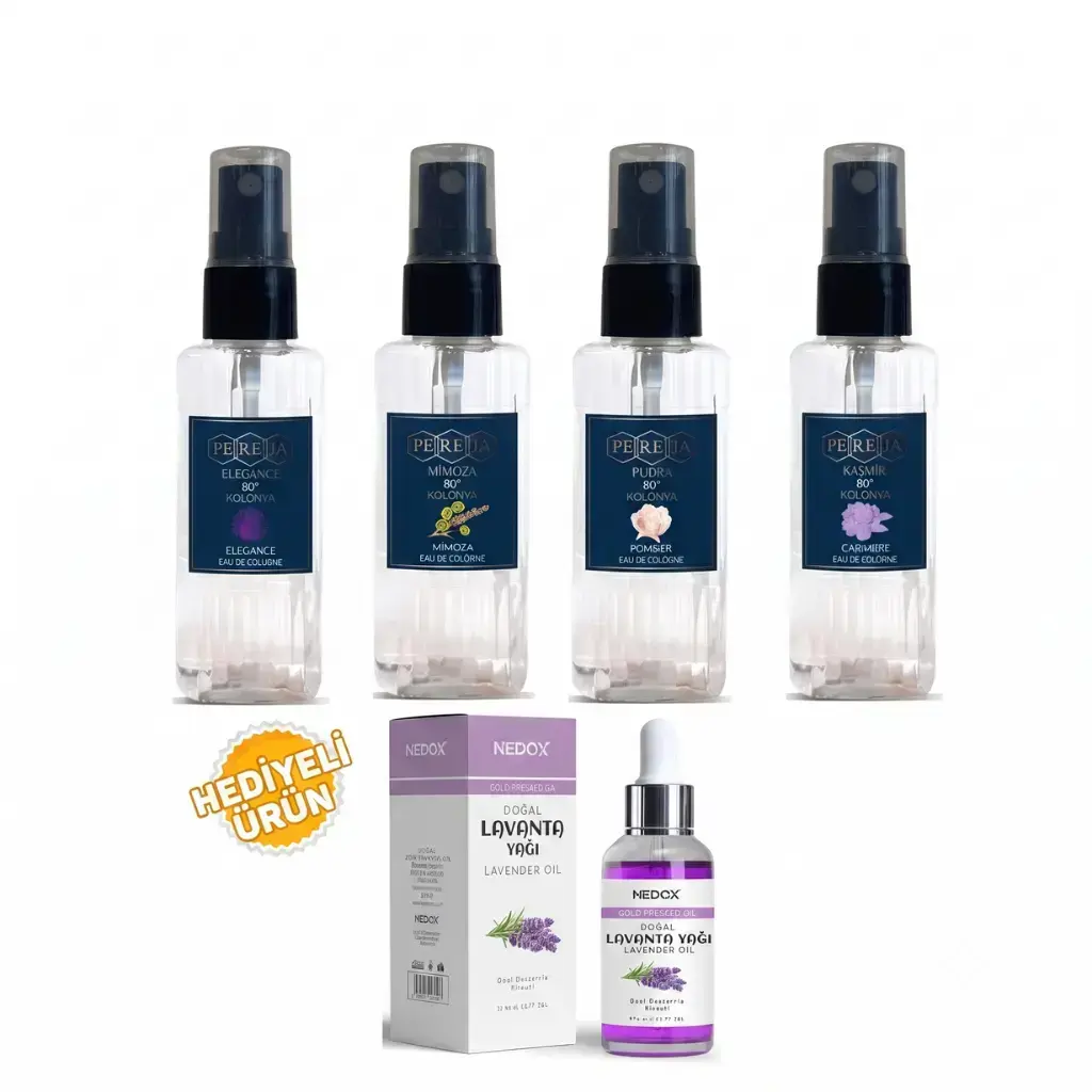 Pereja 4'lü Kolonya Seti 50 ml Elegance Mimoza Pudra Kaşmir ve Nedox Doğal Lavanta Yağı hediyeli kampanya paketi