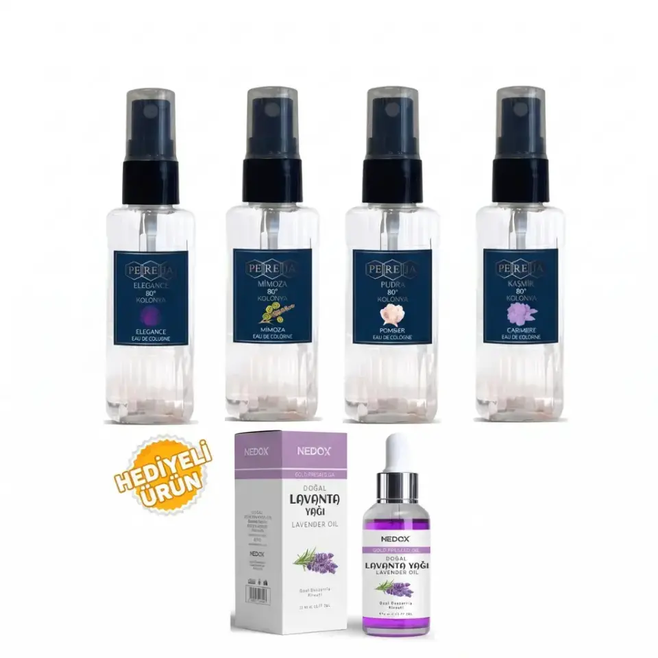 Pereja 4'lü Kolonya Seti 50 ml Elegance Mimoza Pudra Kaşmir ve Nedox Doğal Lavanta Yağı hediyeli kampanya paketi