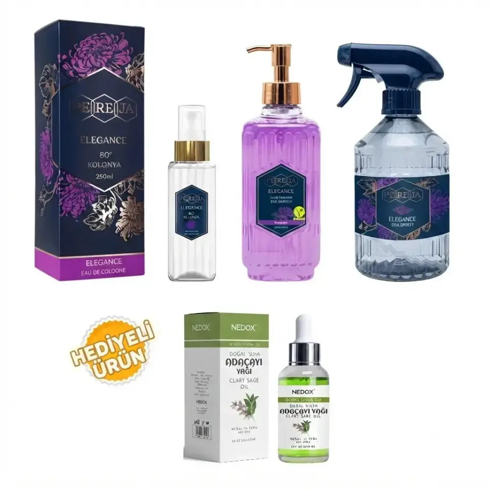 Pereja Elegance bakım seti 250 ml kolonya, 100 ml kolonya, 500 ml sıvı sabun, 500 ml oda spreyi ve Nedox Adaçayı Yağı hediyeli