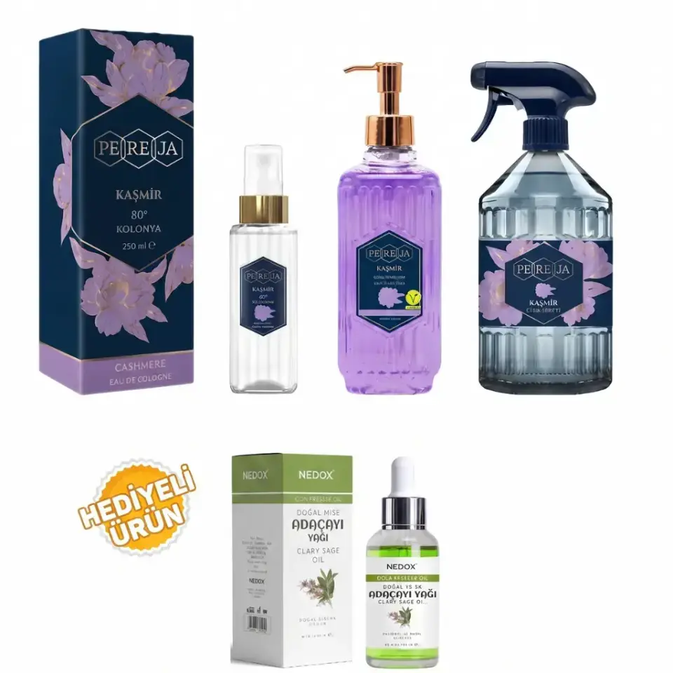 Pereja Kaşmir bakım seti 250 ml kolonya, 100 ml kolonya, 500 ml sıvı sabun, 500 ml oda spreyi ve Nedox Adaçayı Yağı hediyeli