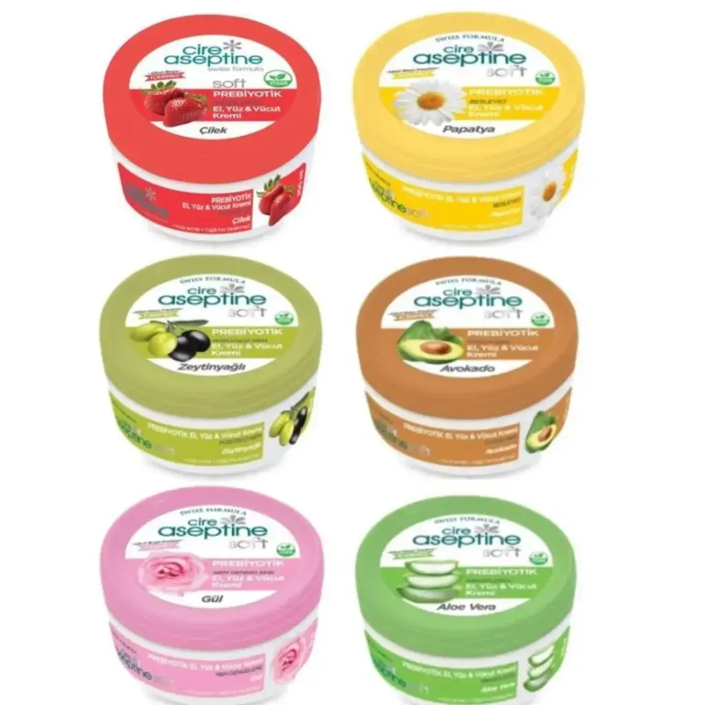 Cire Aseptine Soft Prebiyotik 30 ml 6 çeşit karma el yüz ve vücut kremi Papatya Aloe Vera Avokado Gül Zeytinyağı Çilek