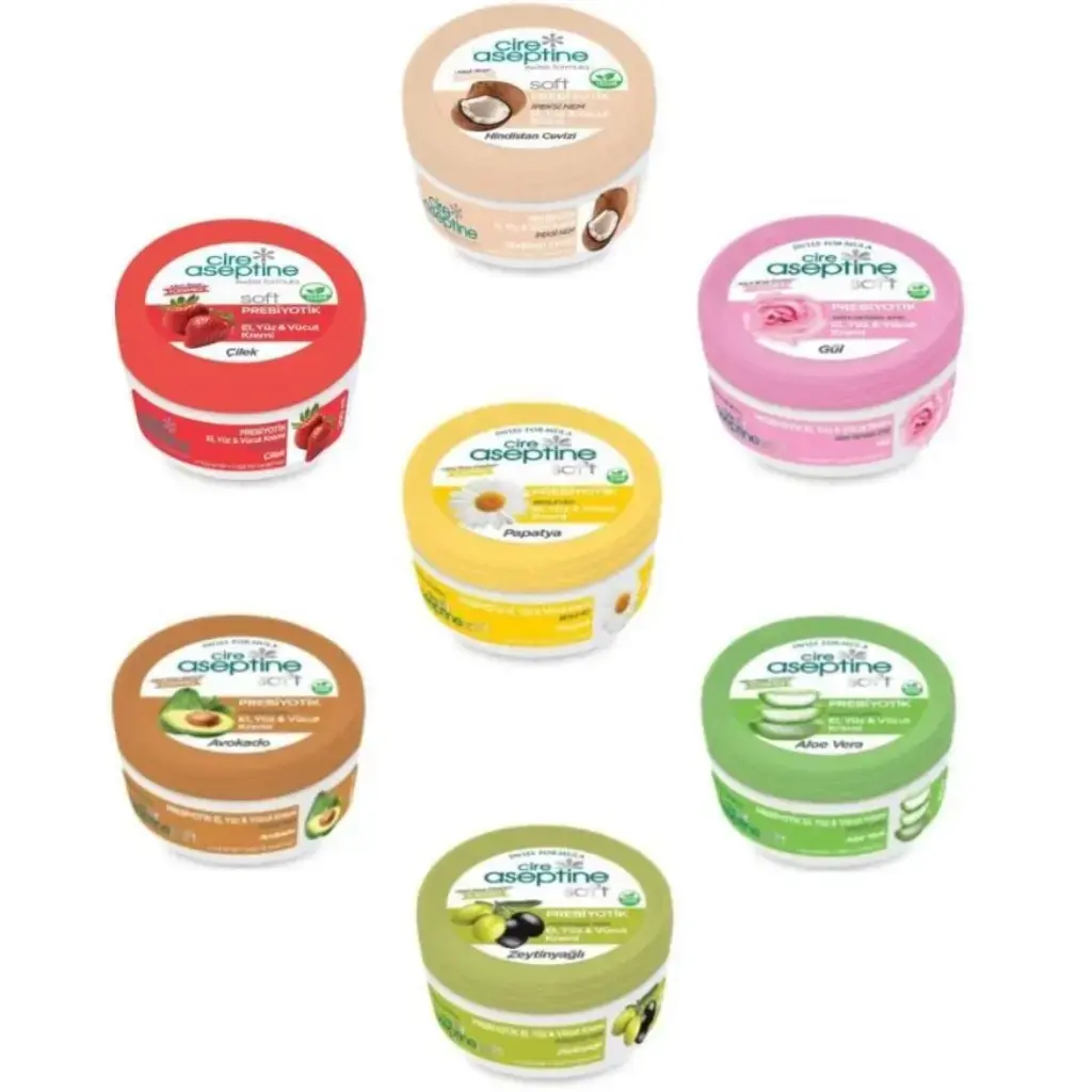 Cire Aseptine Soft Prebiyotik 30 ml 7 çeşit karma el yüz ve vücut kremi Papatya Aloe Vera Avokado Gül Zeytinyağı Çilek Hindistan Cevizi