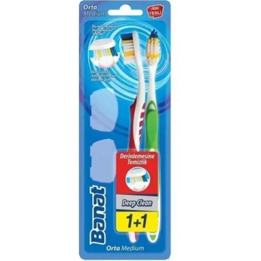 Banat Deep Clean Derinlemesine Temizlik Diş Fırçası 1+1 Orta iki adet orta sertlikte manuel diş fırçası