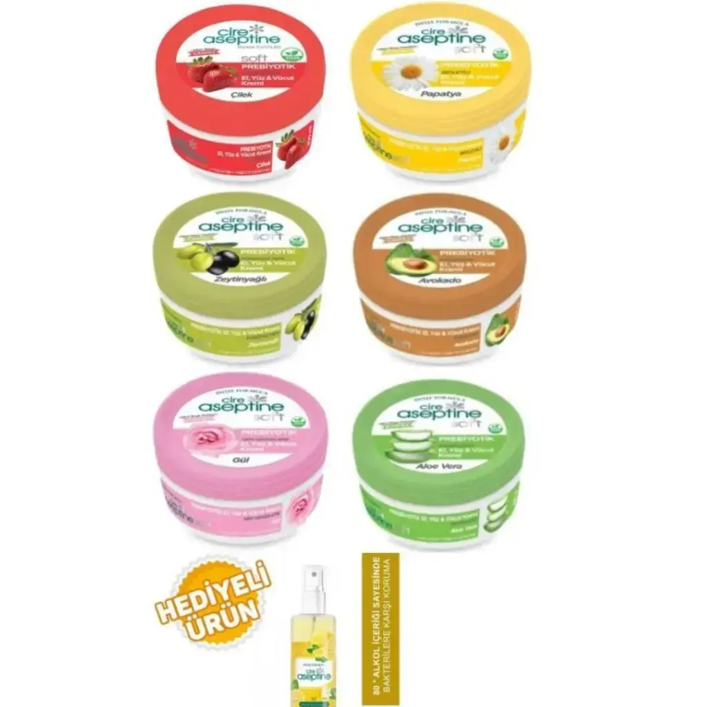 Cire Aseptine Soft Prebiyotik 6 çeşit 30 ml el yüz vücut kremi seti Papatya Aloe Vera Avokado Gül Zeytinyağı Çilek ve 100 ml kolonya hediyeli