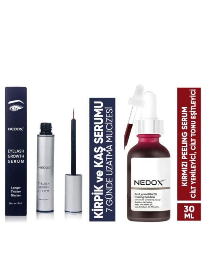NEDOX Kaş Ve Kirpik Serum 5 ml+Cilt Yenileyici Cilt Tonu Eşitleyici Kırmızı Peeling Serum Aha %30 Bha %2 Ph % 3.5 Serum 30 ml