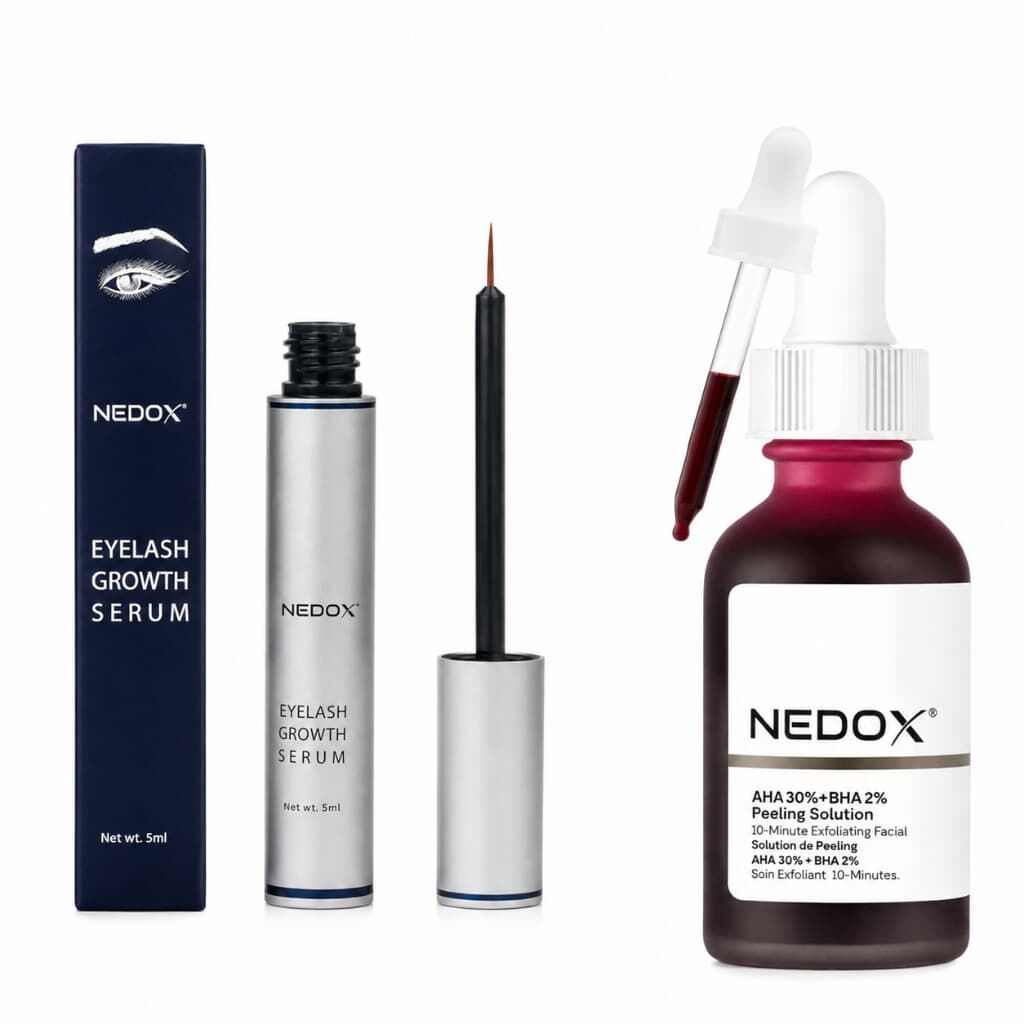 NEDOX Kaş ve Kirpik Serumu 5 ml ile AHA %30 BHA %2 Kırmızı Peeling Serum 30 ml ikili cilt bakım seti