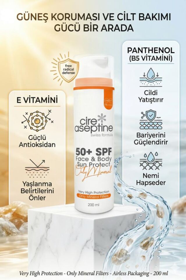 Cire Aseptine Airless Günes Koruyucu Yüz Vücut Kremi SPF 50+ Sun Protect 200 ml
