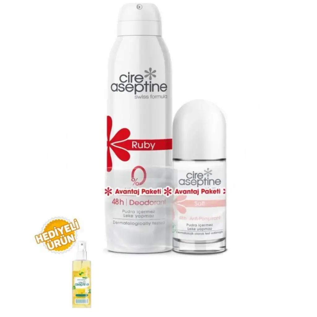 Cire Aseptine Ruby Deodorant 150 ml ve Soft Roll-On 60 ml avantaj paketi günlük kişisel bakım seti