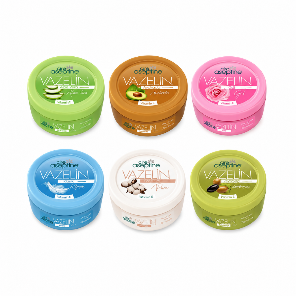 Cire Aseptine Vazelin 150 ml 6'lı Karma Set Aloe Vera Avokado Gül Klasik Saf ve Zeytinyağlı