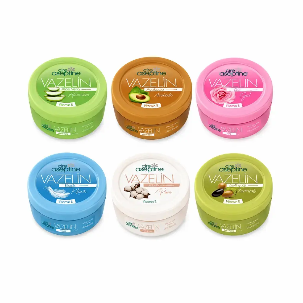 Cire Aseptine Vazelin 150 ml 6'lı Karma Set Aloe Vera Avokado Gül Klasik Saf ve Zeytinyağlı
