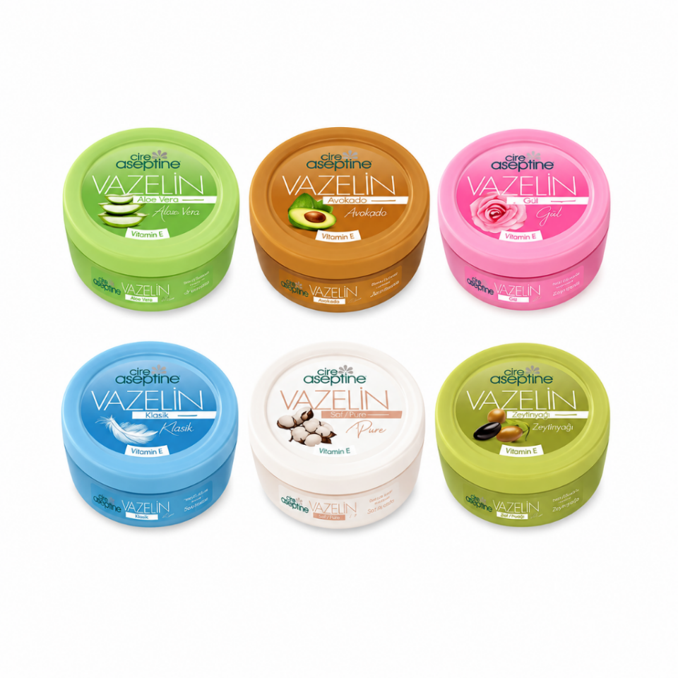 Cire Aseptine Vazelin 150 ml 6'lı Karma Set Aloe Vera Avokado Gül Klasik Saf ve Zeytinyağlı