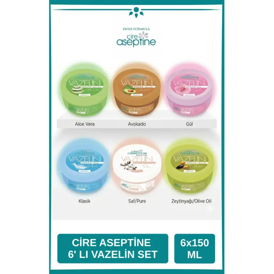 Cire Aseptine Vazelin 150 ml 6'lı Karma Set Aloe Vera Avokado Gül Klasik Saf ve Zeytinyağlı