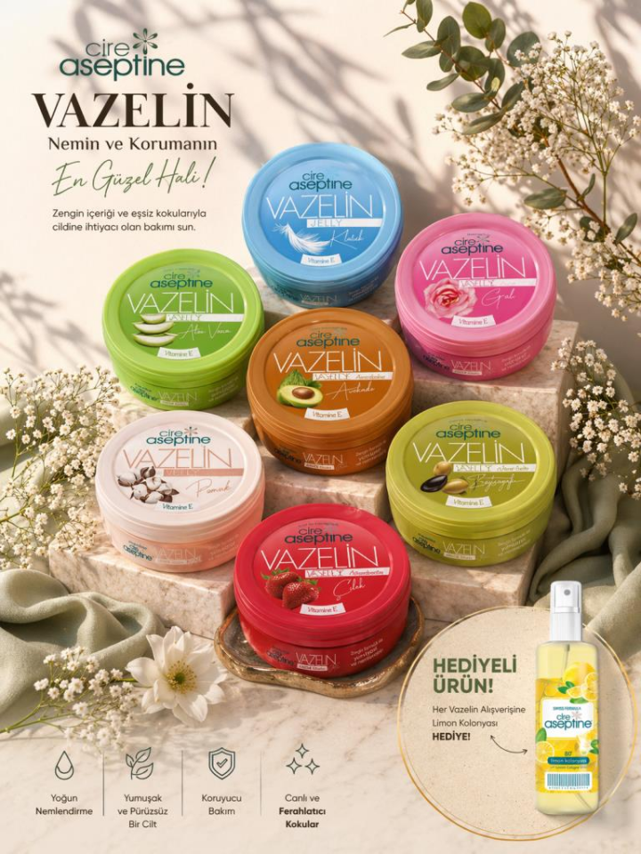 CİRE ASEPTİNE VAZELİN 150ML 7 Lİ KARMA+LİMON KOLONYASI 100ML SPREY