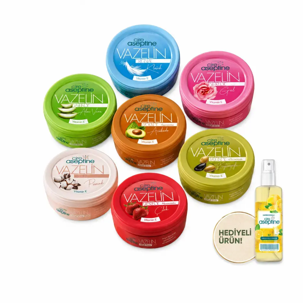 Cire Aseptine Vazelin 150 ml 7'li karma set klasik aloe vera gül avokado zeytinyağlı pure çilek ve limon kolonyası 100 ml sprey