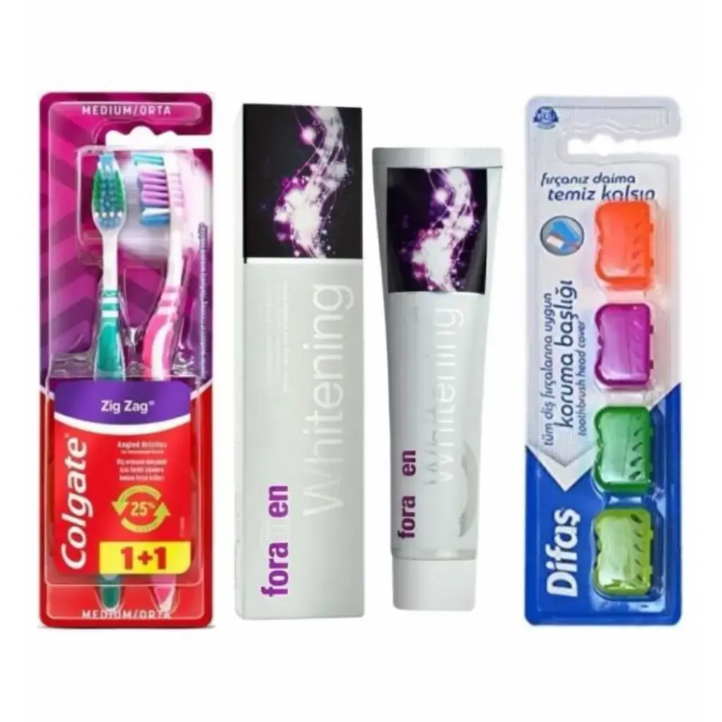 Colgate Zigzag Orta Diş Fırçası 1+1 Foramen Beyazlatıcı Diş Macunu 125 gr ve Difaş 4'lü diş fırçası kepi