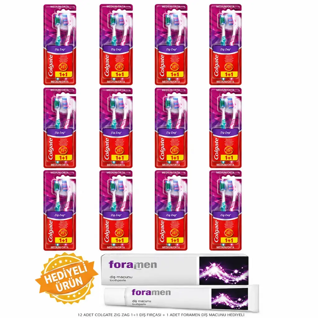 Colgate 12 Adet Zigzag Orta Diş Fırçası 1+1 ve Foramen Whitening Beyazlatıcı Diş Macunu 125 gr hediyeli paket