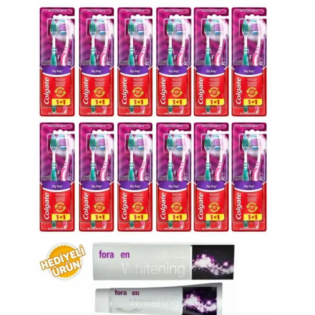 Colgate 12 Adet Zigzag Orta Diş Fırçası 1+1 ve Foramen Whitening Beyazlatıcı Diş Macunu 125 gr hediyeli paket