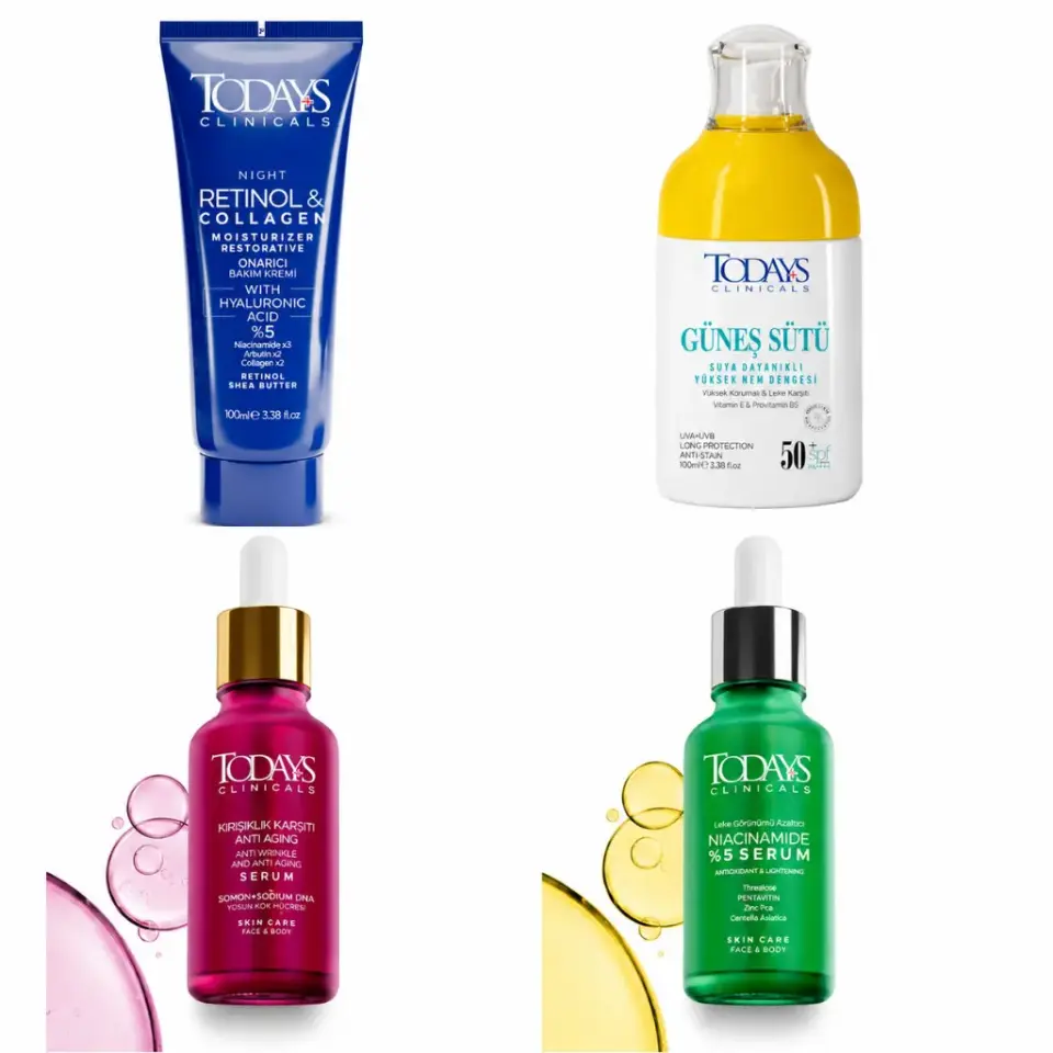 Todays Clinicals 4'lü Cilt Bakım Seti Retinol Collagen Onarıcı Krem 100 ml SPF 50+ Güneş Sütü 100 ml Kırışıklık Karşıtı Serum ve Niacinamide Serum