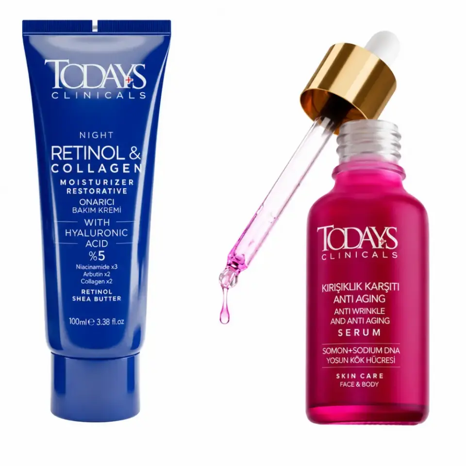 Todays Clinicals Onarıcı Krem Retinol 100 ml ve Kırışıklık Karşıtı Serum 30 ml yaşlanma karşıtı cilt bakım seti