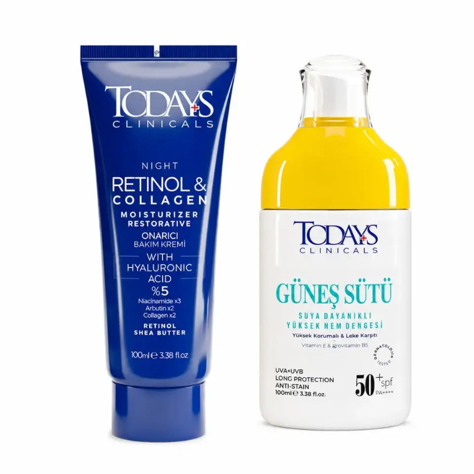 Todays Clinicals Onarıcı Krem Retinol 100 ml ve Güneş Sütü SPF 50+ Yüksek Koruma Leke Karşıtı 100 ml bakım seti