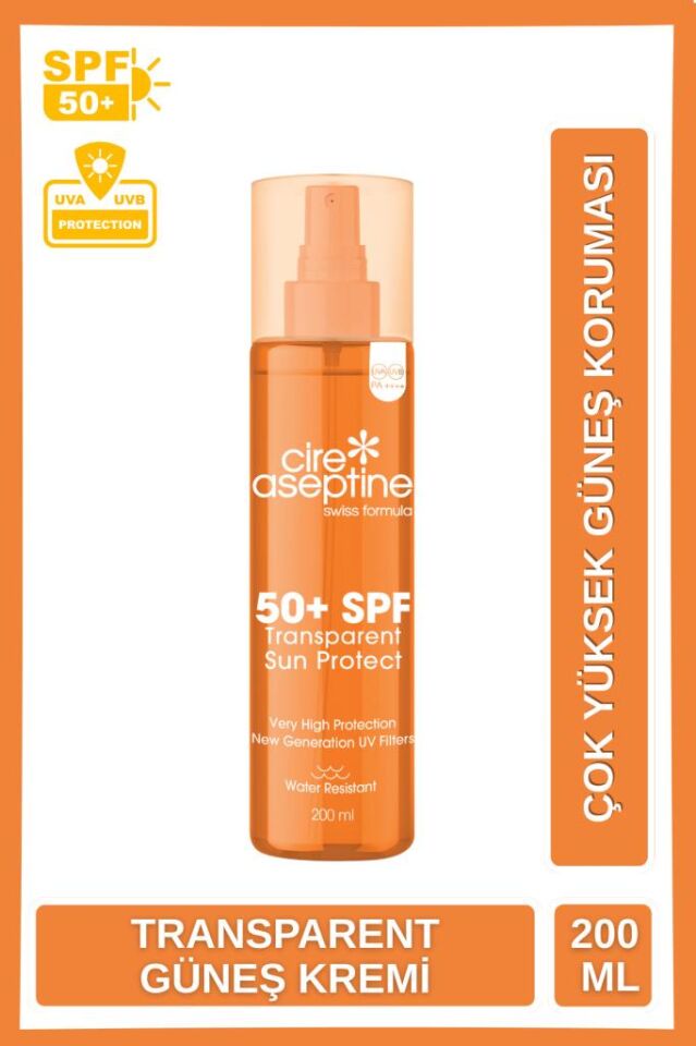 Cire Aseptine Transparent Sun Protect 50+ SPF Leke Karşıtı Şeffaf İz Bırakmaz Güneş Kremi 200 ml
