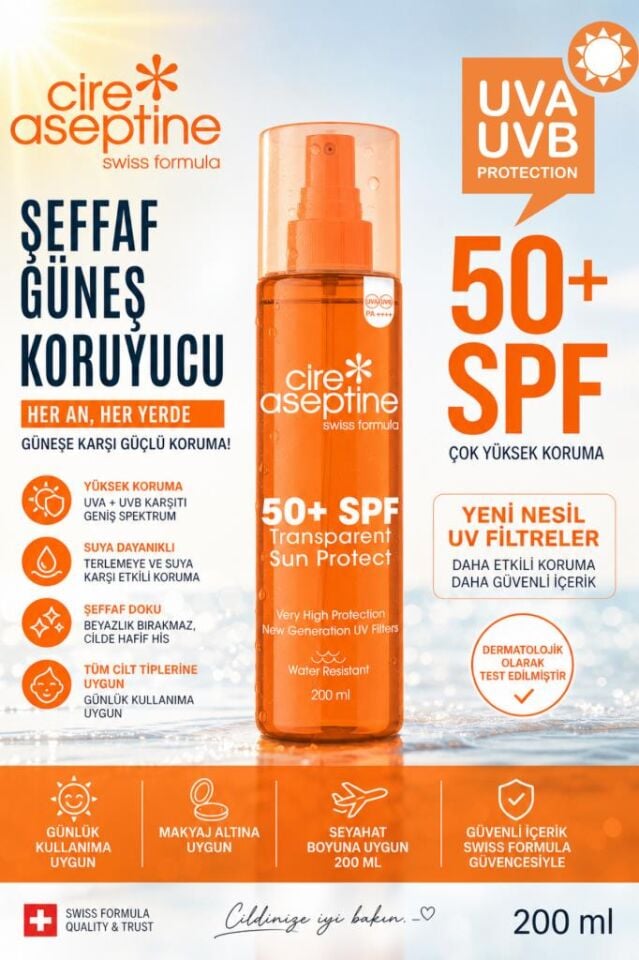 Cire Aseptine Transparent Sun Protect 50+ SPF Leke Karşıtı Şeffaf İz Bırakmaz Güneş Kremi 200 ml