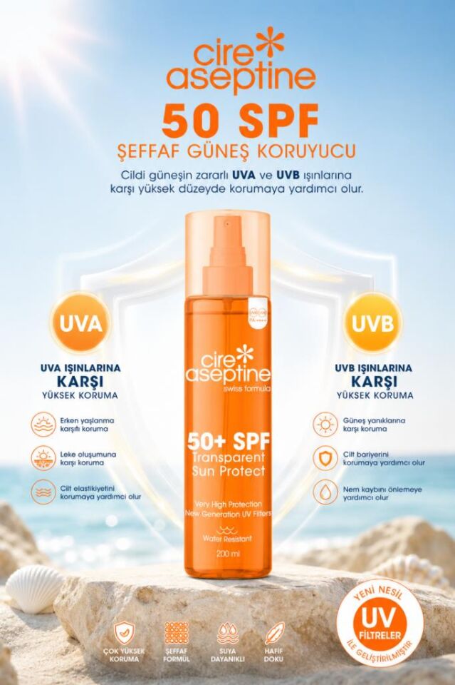Cire Aseptine Transparent Sun Protect 50+ SPF Leke Karşıtı Şeffaf İz Bırakmaz Güneş Kremi 200 ml
