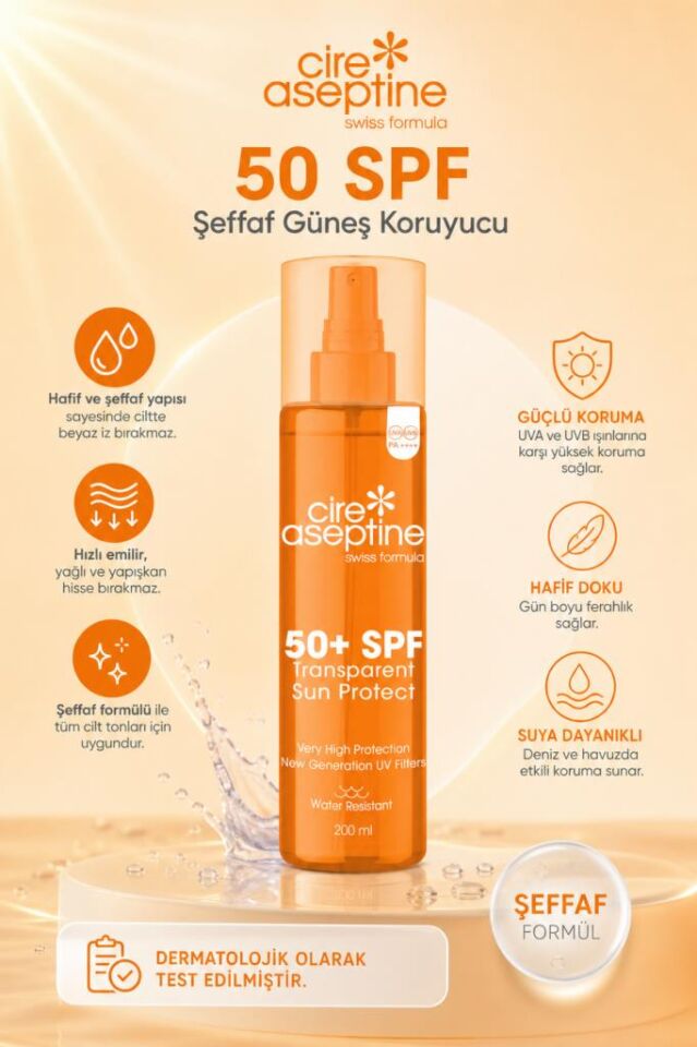 Cire Aseptine Transparent Sun Protect 50+ SPF Leke Karşıtı Şeffaf İz Bırakmaz Güneş Kremi 200 ml