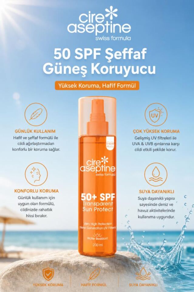 Cire Aseptine Transparent Sun Protect 50+ SPF Leke Karşıtı Şeffaf İz Bırakmaz Güneş Kremi 200 ml