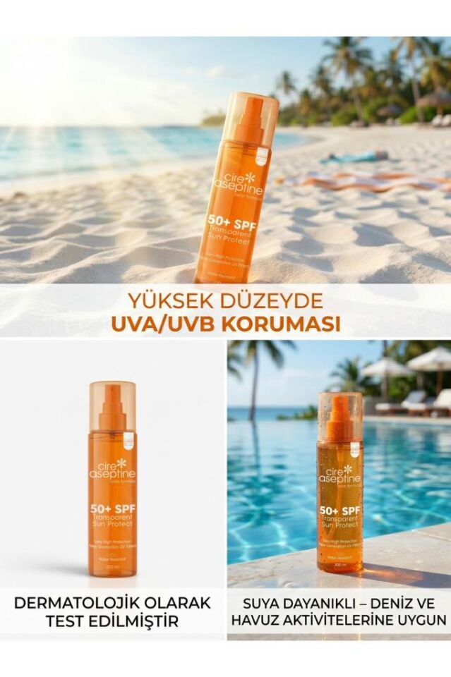 Cire Aseptine Transparent Sun Protect 50+ SPF Leke Karşıtı Şeffaf İz Bırakmaz Güneş Kremi 200 ml
