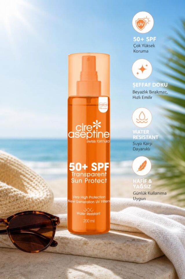 Cire Aseptine Transparent Sun Protect 50+ SPF Leke Karşıtı Şeffaf İz Bırakmaz Güneş Kremi 200 ml