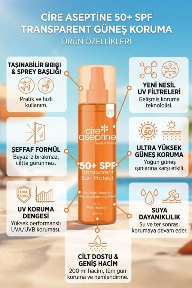 Cire Aseptine Transparent Sun Protect 50+ SPF Leke Karşıtı Şeffaf İz Bırakmaz Güneş Kremi 200 ml
