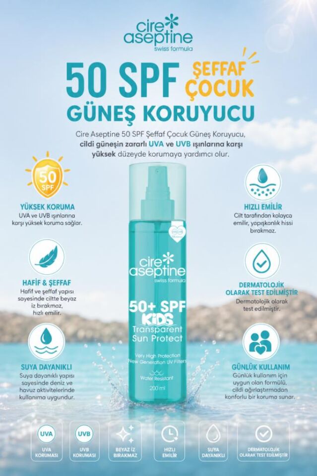 Cire Aseptine Kids 50+ SPF Yüksek Korumalı Şeffaf Çocuk Güneş Koruyucu Krem 200 ml