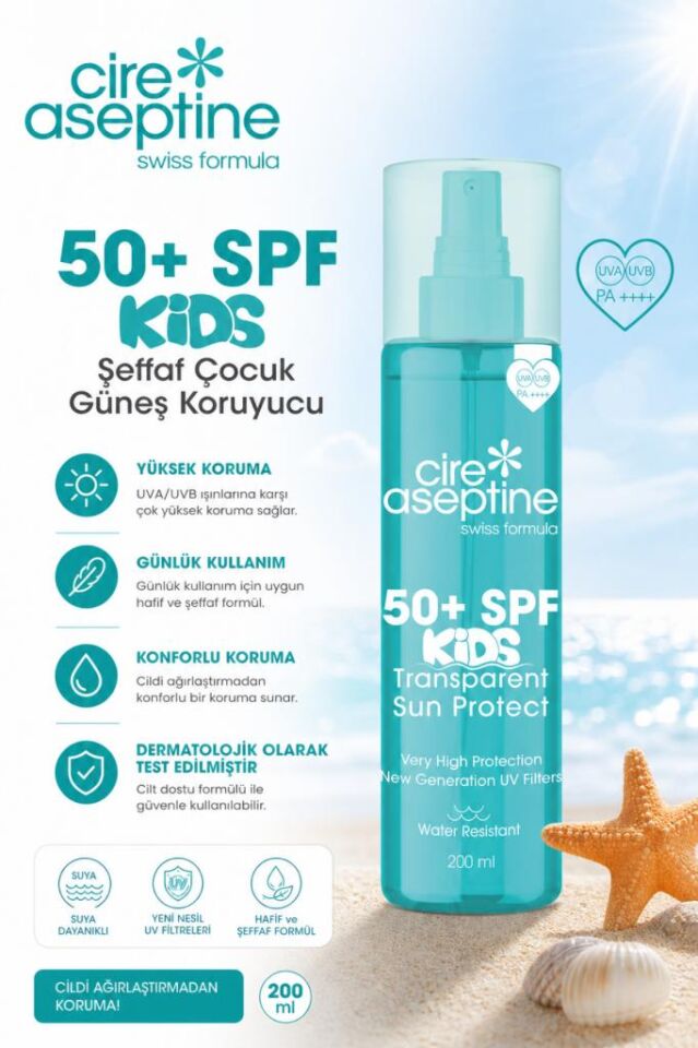Cire Aseptine Kids 50+ SPF Yüksek Korumalı Şeffaf Çocuk Güneş Koruyucu Krem 200 ml