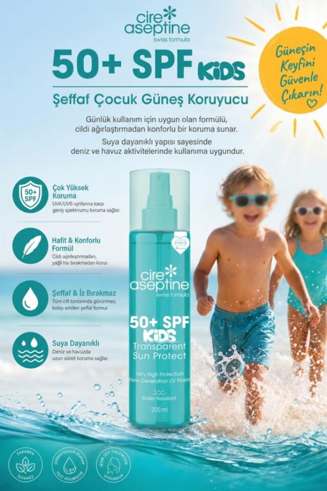 Cire Aseptine Kids 50+ SPF Yüksek Korumalı Şeffaf Çocuk Güneş Koruyucu Krem 200 ml