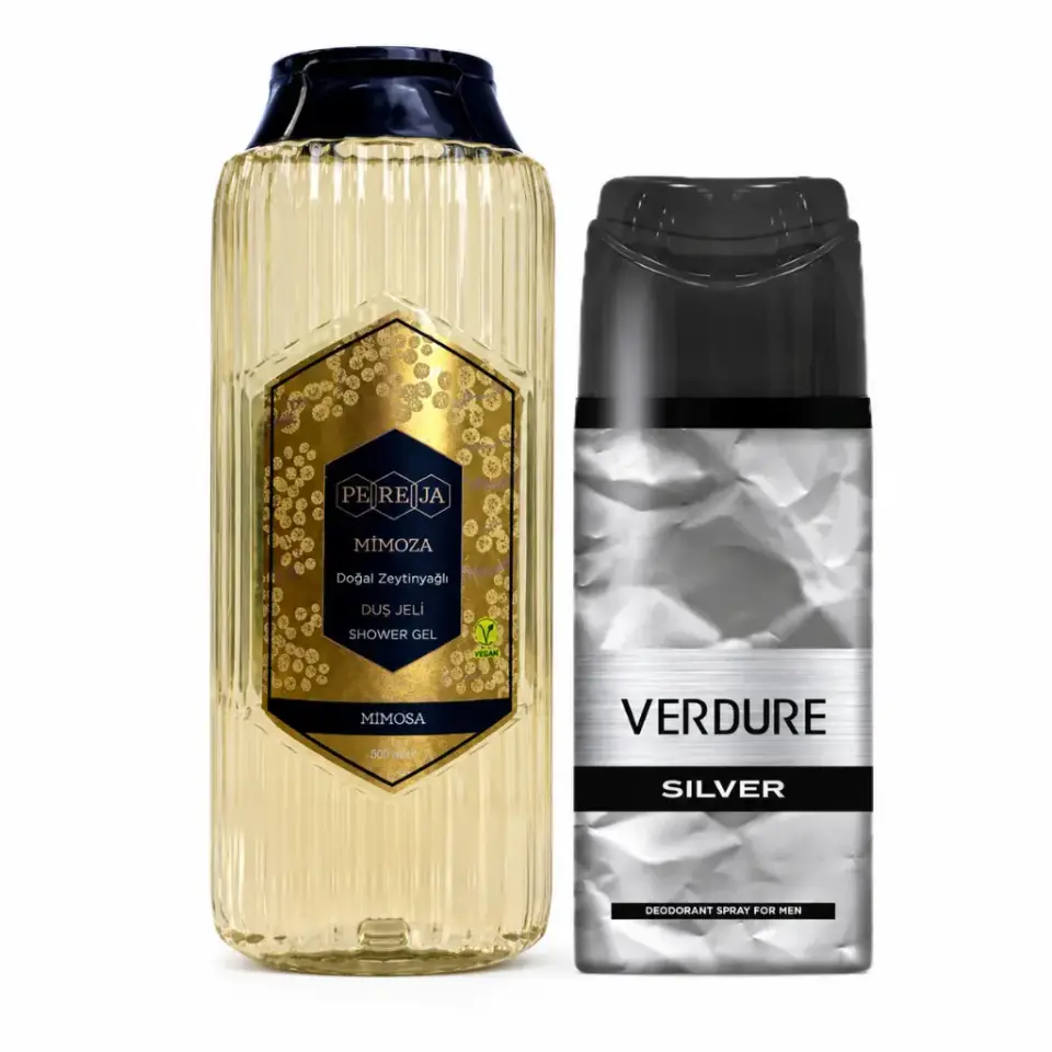 Pereja Mimoza Doğal Zeytinyağlı Duş Jeli 500 ml ve Verdure Silver Erkek Deodorant 150 ml hediyeli bakım seti