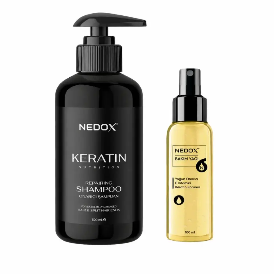 NEDOX Keratinli Saç Bakım Şampuanı 500 ml ve Keratin Özlü E Vitaminli Saç Bakım Yağı 100 ml bakım seti