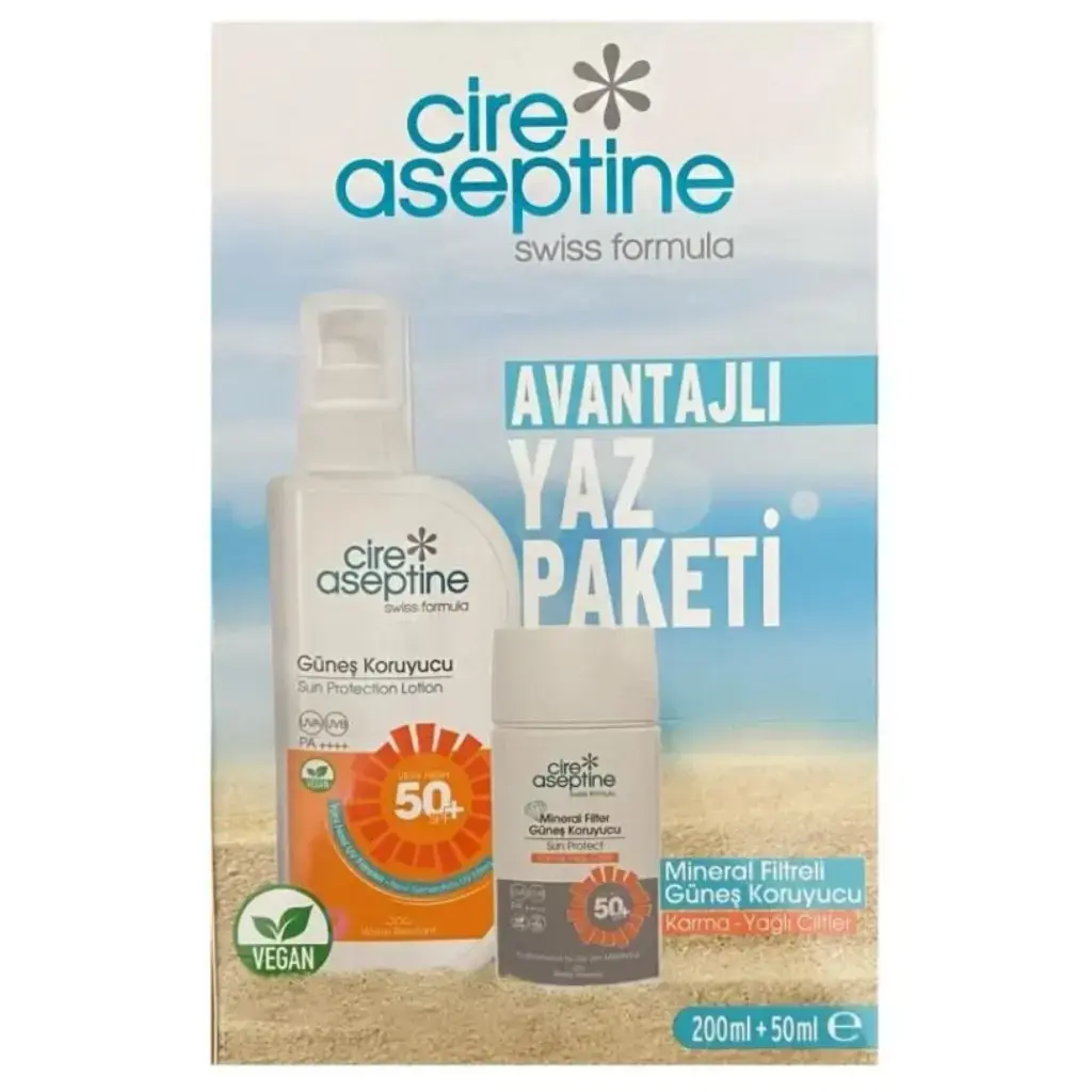 Cire Aseptine Güneş Koruyucu 50 SPF 200 ml ve Mineral Filtreli Karma ve Yağlı Ciltler Güneş Koruyucu 50 ml ikili set