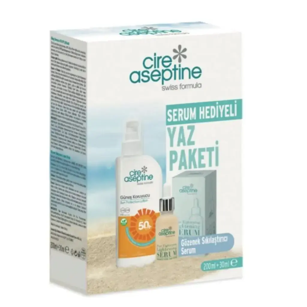Cire Aseptine Güneş Koruyucu 50 SPF 200 ml ve Gözenek Sıkılaştırıcı Yüz Serumu 30 ml ikili cilt bakım seti