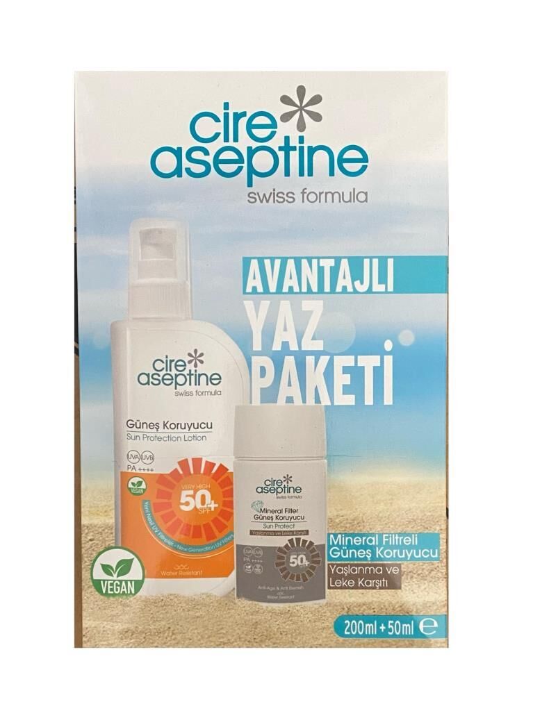 Cire Aseptine Güneş Koruyucu 50 SPF 200 ml + Mineral Filitreli Güneş Koruyucu Yaşlanma ve Leke Karşıtı 50Ml Kutu
