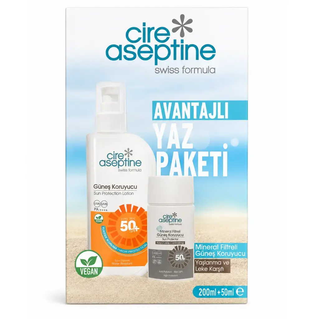 Cire Aseptine Güneş Koruyucu 50 SPF 200 ml ve Mineral Filtreli Yaşlanma ve Leke Karşıtı Güneş Koruyucu 50 ml ikili set
