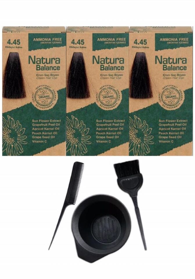 NATURA BALANCE SAÇ BOYASI 4.45 ETKİLEYİCİ KAHVE 3 ADET+SAÇ BOYAMA SETİ