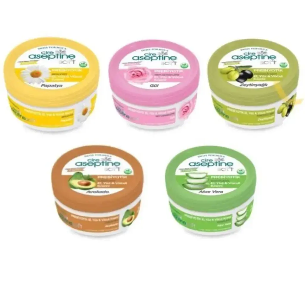 Cire Aseptine Krem 30 ml Prebiyotik Karma 5'li Gül Zeytinyağlı Aloe Vera Avokado ve Papatya bakım kremi seti