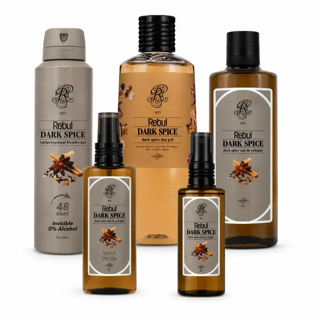Rebul Dark Spice 5'li Set 250 ml cam kolonya 125 ml ve 50 ml sprey kolonya 150 ml deodorant 500 ml duş jeli