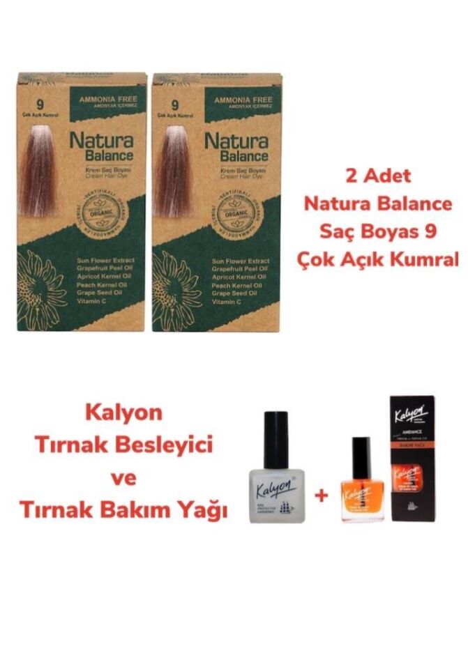 NATURA BALANCE SAÇ BOYASI 9 ÇOK AÇIK KUMRAL BAKIR 2 ADET + KALYON TIRNAK BESLEYİCİ VE BAKIM YAĞI