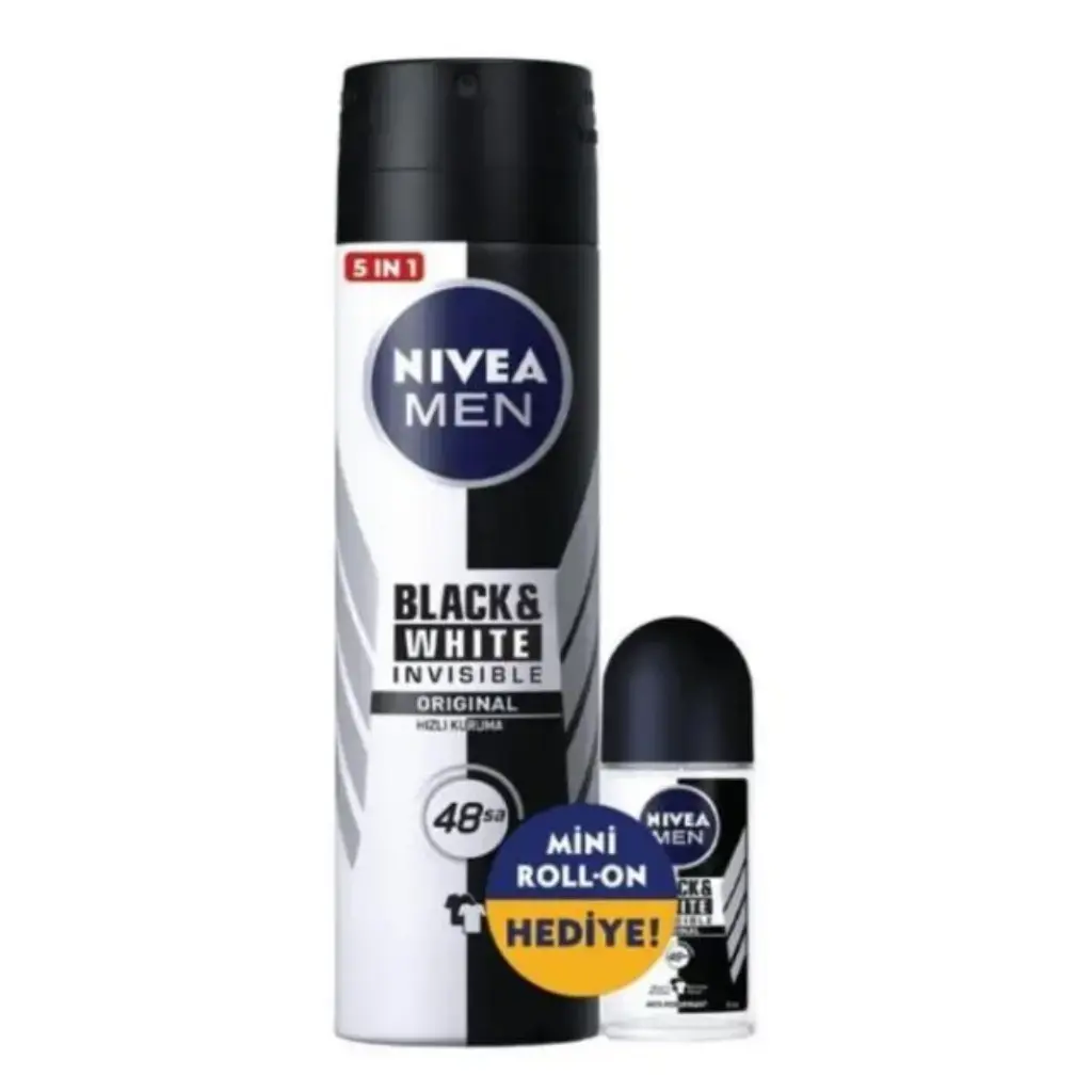 Nivea Men Black & White Invisible Erkek Deodorant Sprey 150 ml ve Roll-On 25 ml siyah ve beyaz kıyafetlerde iz karşıtı erkek deodorant seti