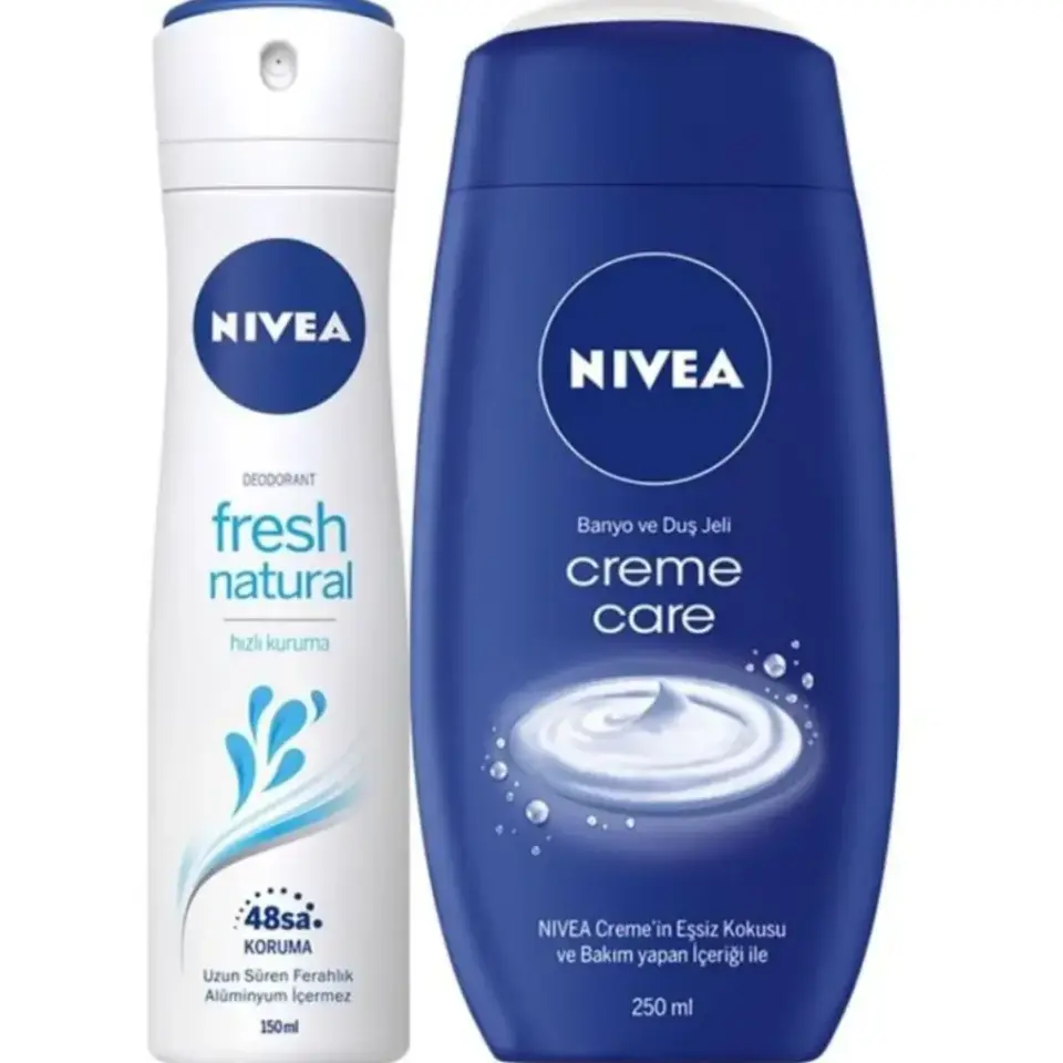 Nivea Fresh Natural Kadın Deodorant Sprey 150 ml ve Creme Care Duş Jeli 250 ml ikili kişisel bakım seti