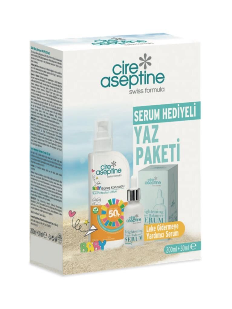 Cire Aseptine Baby Güneş Koruyucu 50 SPF 200 ml +Leke Gidermeye Yardımcı Serum Serum 30 ml Kutu