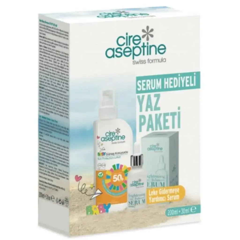 Cire Aseptine Baby Güneş Koruyucu SPF 50 200 ml ve Leke Gidermeye Yardımcı Serum 30 ml kutulu set