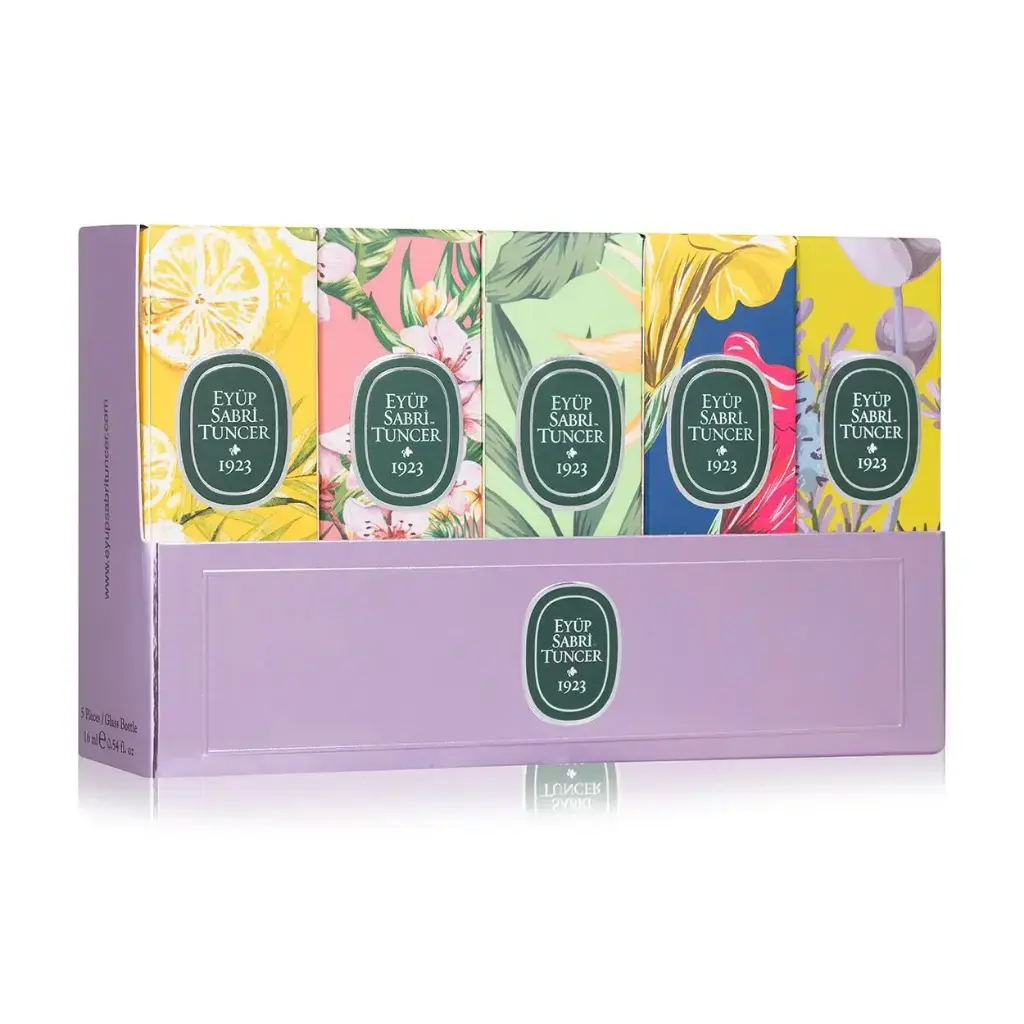 Eyüp Sabri Tuncer Kolonya 16 ml 5'li Set No 2 Lavanta Hatıralar Beyaz Çay Kiraz Çiçeği ve Klasik Limon mini kolonya seti